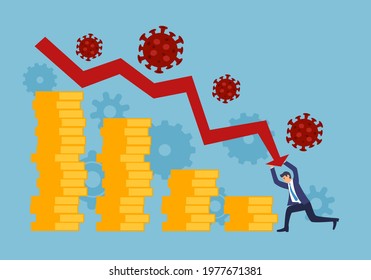 Businessman with covid19 Coronavirus financial crisis in flat design. Bankruptcy concept.