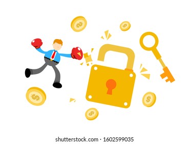 businessman crack punch gold pad lock security cartoon doodle flat design style vector illustration