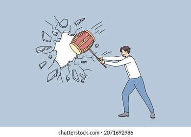 Businessman crack wall with hammer strive for new business opportunities or achievements. Man employee or worker break boundary or limit for career goals or challenge. Flat vector illustration.