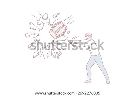 Businessman crack wall with hammer strive for new business opportunities or achievements. Man employee or worker break boundary or limit for career goals or challenge. Flat vector illustration.