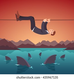 Businessman crawling over a sea of sharks holding to a tight rope. Risky project management. Business risks and difficulties concept. Flat style vector illustration clipart.