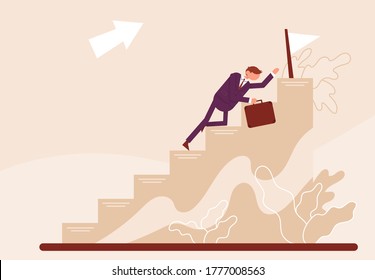 Businessman crawls to the end on a development ladder. Color vector cartoon illustration.