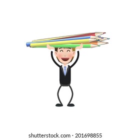 Businessman with crayons over white. Vector design.