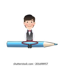 Businessman with crayons over white. Vector design.