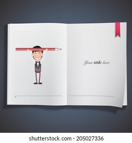 Businessman with crayons printed on book