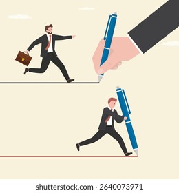 Businessman create own path to success, business competition success concept. Mentor helps beginner, but experienced entrepreneur is better and more successful. People with pens. vector illustration
