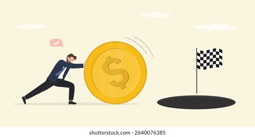 Businessman create own path to success, Entrepreneur investor pushes push dollar coin. Action towards business goals. Success not far away. Completing project, making profit. flat vector illustration