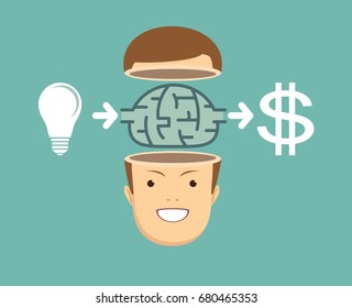 businessman Creates money from the idea. Stock vector illustration for poster, greeting card, website, ad, business presentation, advertisement design.