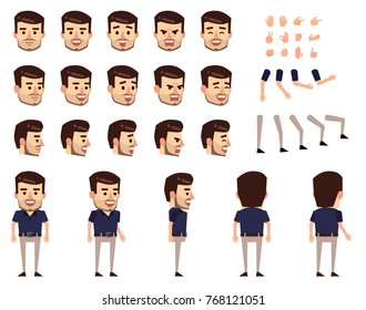 Businessman creation set. Various gestures, emotions, diverse poses, views. Create your own pose, animation. Flat style vector illustration