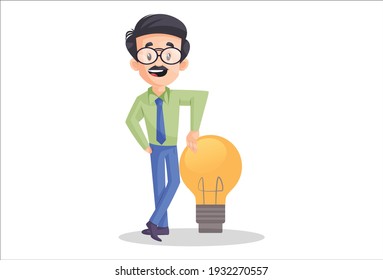 El hombre de negocios está con ideas creativas. Ilustración gráfica vectorial. Individualmente sobre un fondo blanco.