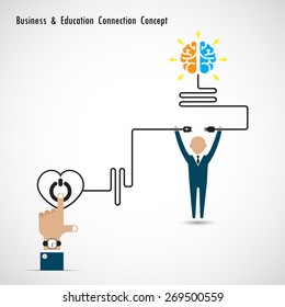 Businessman and creative light bulb brain symbol and knowledge connection concept. Business and education connection concept. Vector illustration