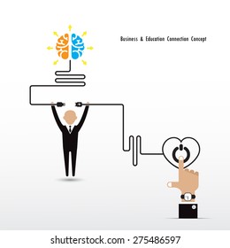 Businessman and creative light bulb brain symbol and knowledge connection concept. Business and education connection concept. Vector illustration 