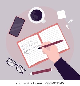 Businessman, creator or student uses pen to writing notes or to do list. The author writes text in textbook or notebook. Copywriting, education. Top view, workspace. flat vector illustration