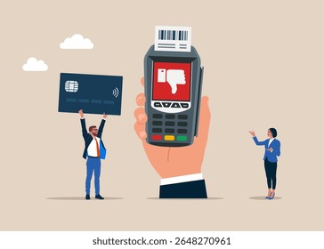 Businessman with credit card. Dataphone with a thumb down hand. Technology for business. POS terminal  no confirms the payment made through mobile phone. Flat vector illustration