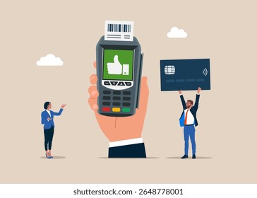 Businessman with credit card. Dataphone with a thumb up hand. Technology for business. POS terminal confirms the payment made through mobile phone. Flat vector illustration