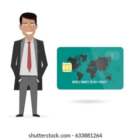 Businessman and credit card. Vector illustration on a white background.