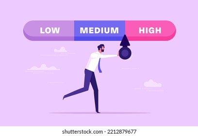 Businessman with credit score scale. Young man changing personal financial account information from low to high. Financial growth, career. Business reputation flat vector colorful illustration
