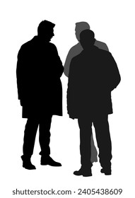 Businessman crew in suite, tie, coat vector silhouette. Handsome business people office chat conversation. Elegant man manager. Bodyguard observe secret agent care president security. Event safety.