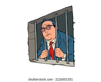 The businessman is a criminal. A man is in prison behind bars. Corrupt politician. pop art Retro vector Illustration 50s 60s kitsch Vintage style