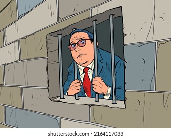 The businessman is a criminal. A man is in prison behind bars. Corrupt politician. pop art Retro vector Illustration 50s 60s kitsch Vintage style