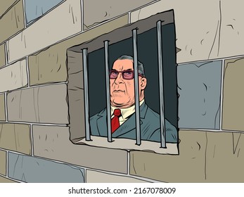 The businessman is a criminal. A man is in prison behind bars. Corrupt politician. pop art Retro vector Illustration 50s 60s kitsch Vintage style