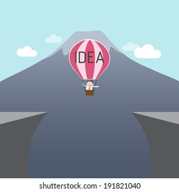 Businessman cross the cliff with idea balloon  - Vector 