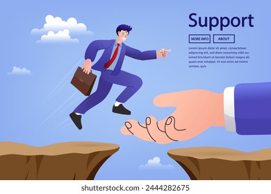 businessman cross the cliffs. Helping hand support in career development, solve business problem or overcome obstacle concept. Support or help to solve problem. manager mentorship or coaching.