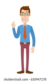 Businessman with crossed fingers. Full length portrait of Cartoon Character. Vector illustration in a flat style.