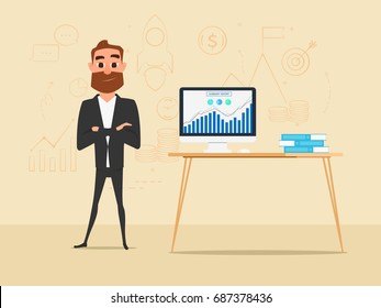 Businessman crossed his arms with business summary charts graph on computer screen and icons on wall. Business finance and success concept. Cartoon Vector Illustration.