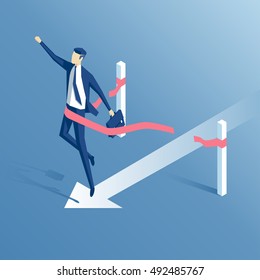 businessman crosses the finish line or the red ribbon, isometric employee wins,business concept success and victory