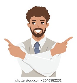 Businessman crosses his arms and points both fingers outward, suggesting multiple choices. Flat Vector character illustration