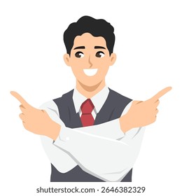 Homem de negócios cruza os braços e aponta ambos os dedos para fora, sugerindo várias escolhas. Ilustração de caractere de vetor plano