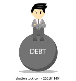 Businessman crossing arms sitting on big debt cartoon vector. Man thinking to pay debt concept.