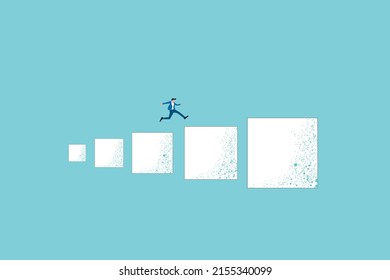 businessman crossing block with blue background. Symbol of Achievement, Career, Leadership.