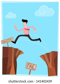 businessman crossing the cliff as sign of success