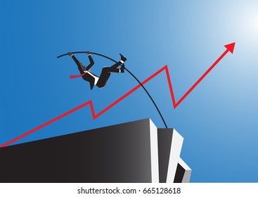 Businessman crossing the cliffs with the pole vault,concept business