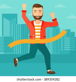 Businessman crossing finish line.
