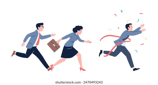 Businessman crossing finish line. Corporate competition winner, success full victory. Office people race on work, motivation leader recent vector scene