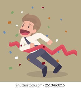 Businessman crossing finish line, he is won a competition vector illustrator