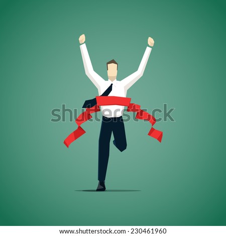 Businessman crossing finish line, he is won a competition 