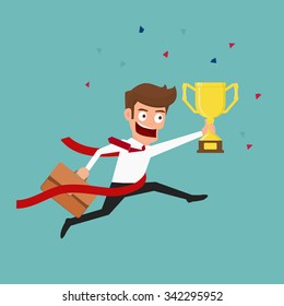 Businessman crossing finish line and holding trophy. Competition concept. Cartoon Vector Illustration.