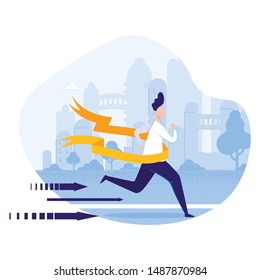 Businessman Crossing Finish Line on City Background Flat Cartoon Vector Illustration. Character Winning Marathon. Man in Suit Running into Golden Ribbon. Business Success. Champion in Competition.