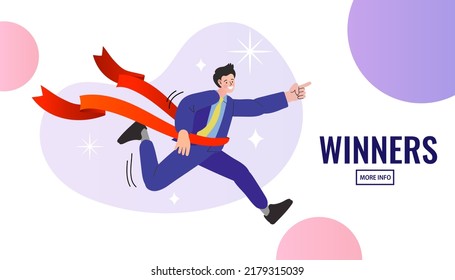 Businessman crossing finish line and tearing red ribbon finishing first in a market race. Business Success Concept. Finish line.The winner tears the finishing line. Running step, Never Give up. vector