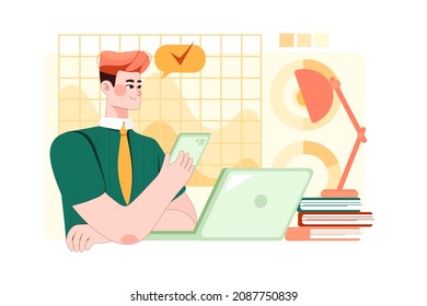 Businessman crossing hands using computer and smartphone Illustration concept. Flat illustration isolated on white background.