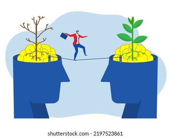 
Businessman crossing  over big head on tiny rope ,Overcoming fixed mindset different growth mindset concept vector illustration.