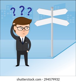 Businessman at crossroads blank sign. Business concept, Illustration Vector eps10