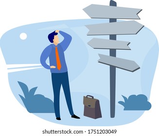 
a businessman at a crossroads does not know what decision to make
