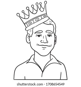 businessman with crown. laugh, confident, winner, outline, cartoon, monochrome.