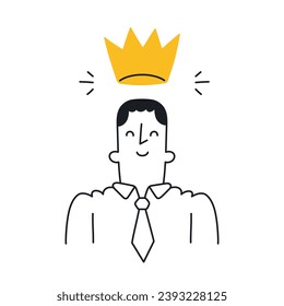 Businessman with a crown over his head. Business success, leadership, privilege, job promotion. Outline, linear, thin line, doodle art. Simple style with editable stroke.