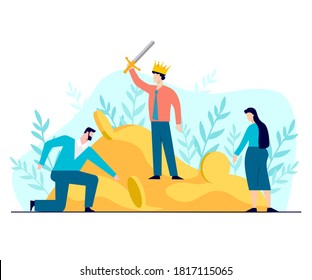 Businessman in crown with sword stands on pile gold concept. Successful character in position of winner king beside mountain flat coins next bowed employees,career wealth and vector excellence.